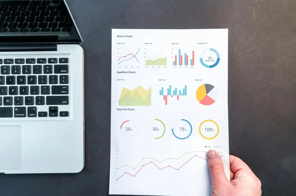 man analyzing company data through pie charts and bar graphs