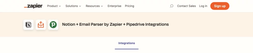 homepage of zapier, email parser, and notion