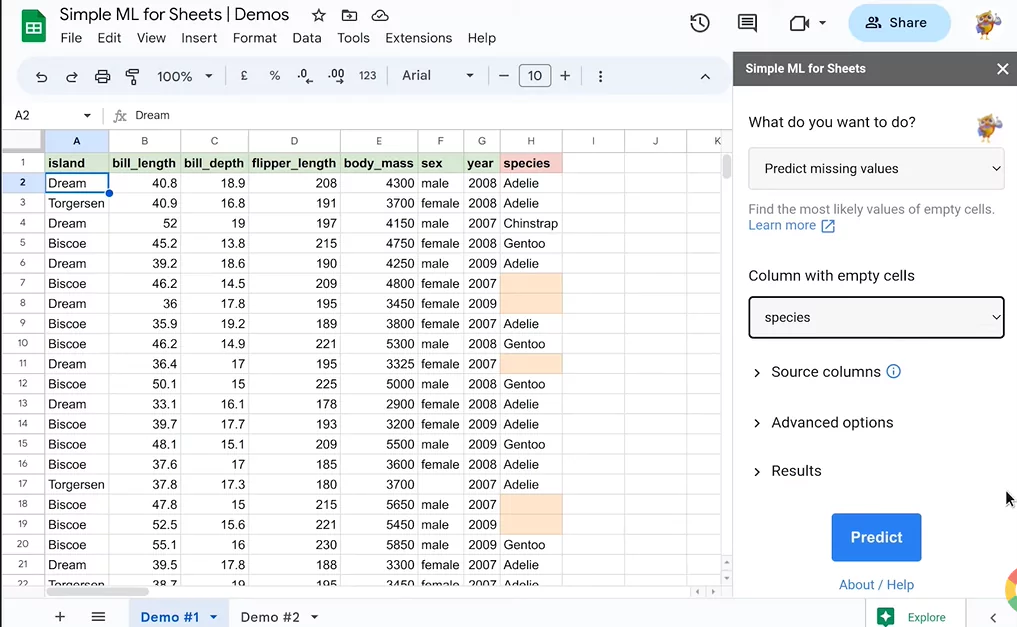 Image of the dashboard of  Simple ML for Sheets