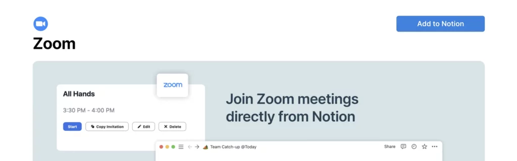 homepage of zoom integration with notion 