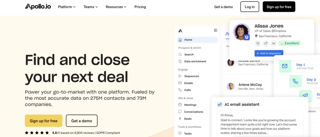 Homepage of Apollo.io