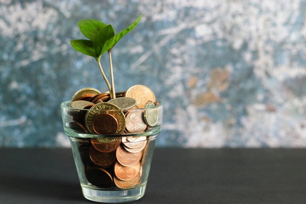 a small plant sampling above the glass filled with coins