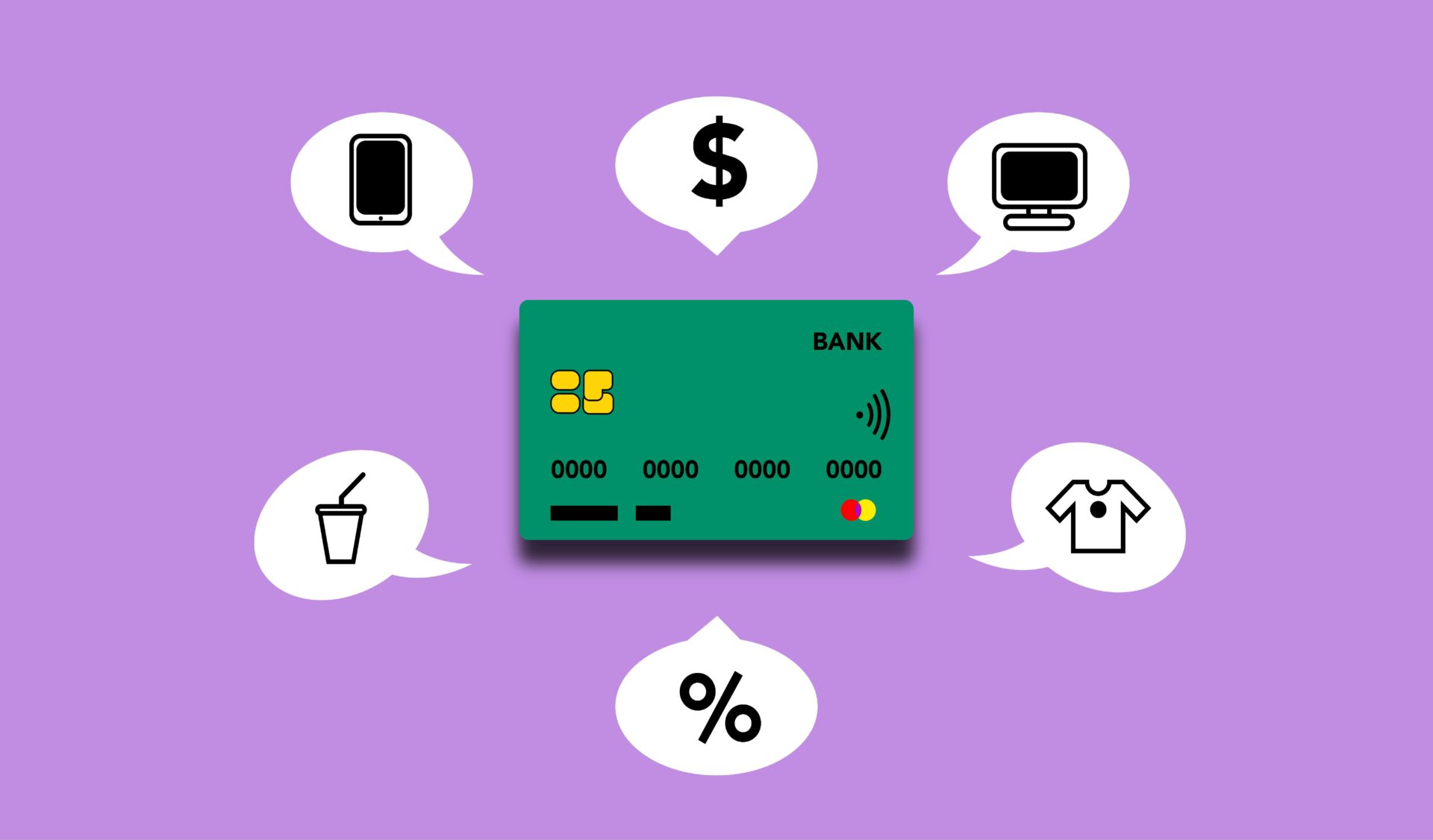 Debit card with graphics of various expenses