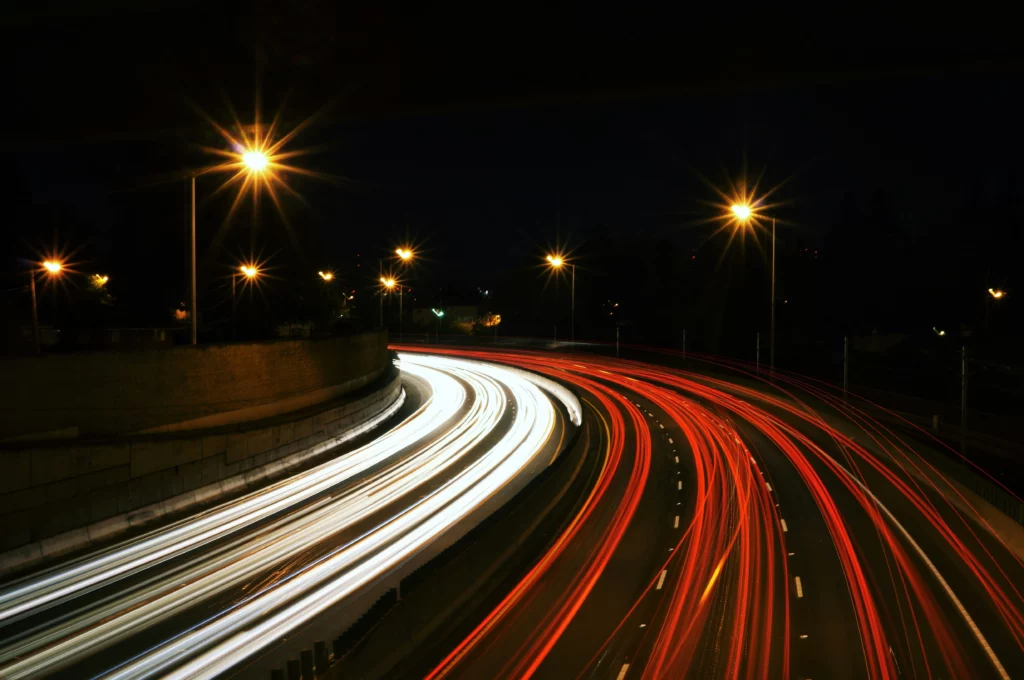 beautiful streaks of light in road at night