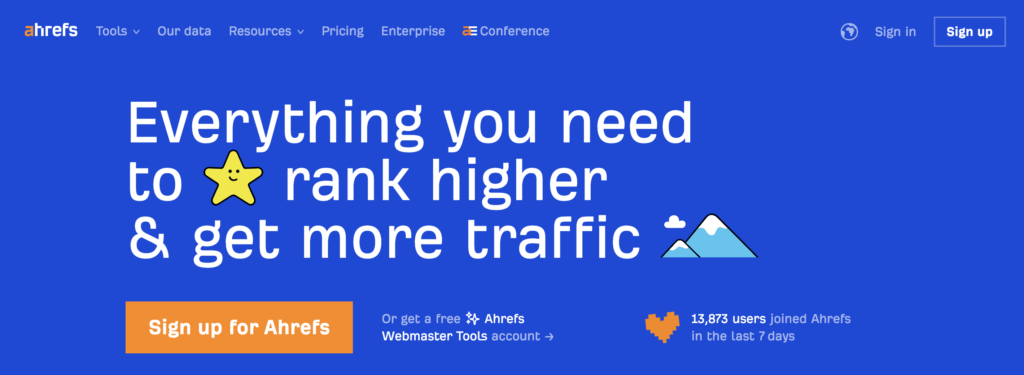 Homepage of Ahrefs