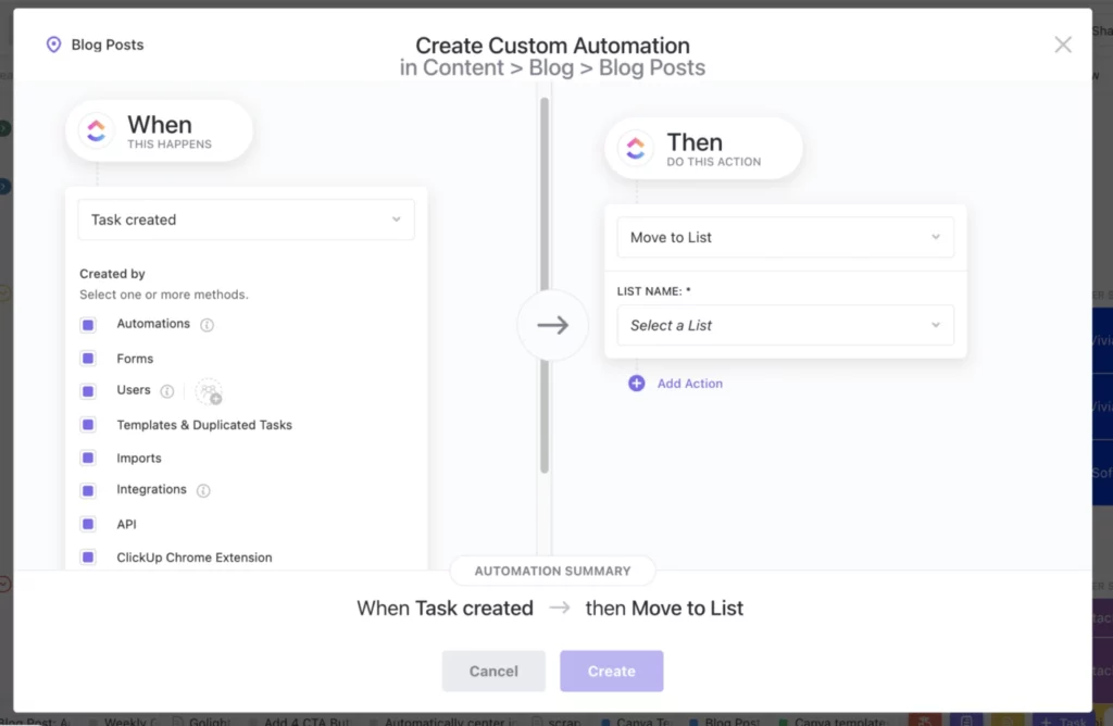 ClickUp Task Creation Automation window