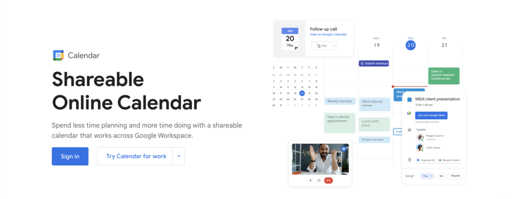 Homepage of Google Calender