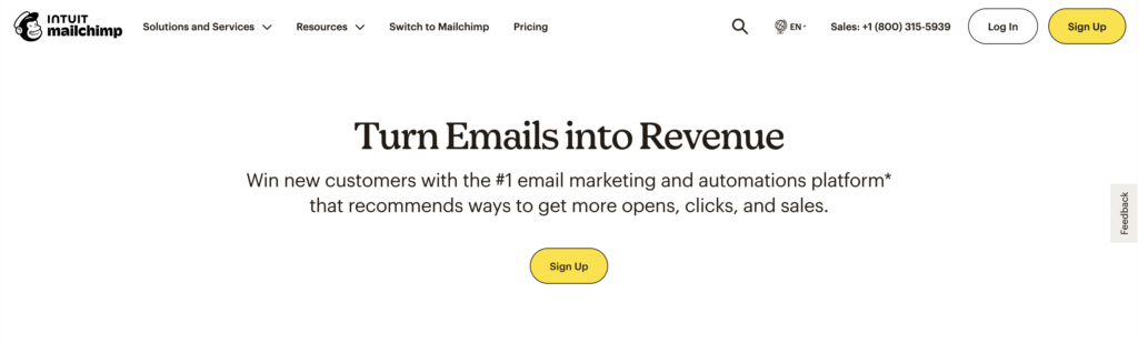 Homepage of Mailchimp