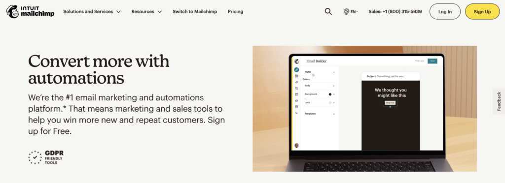 Homepage of Mailchimp