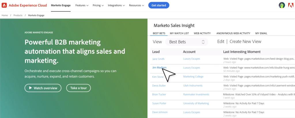 Homepage of Marketo