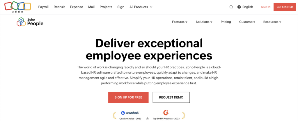 Homepage of Zoho People